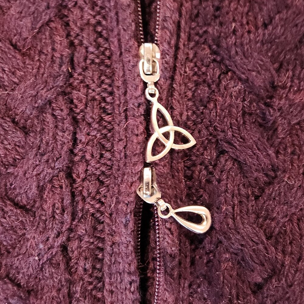 Hooded Cardigan Aran Crafts Wine Cable Knit Merino Wool 2way Zip Sweater S - Picture 6 of 11